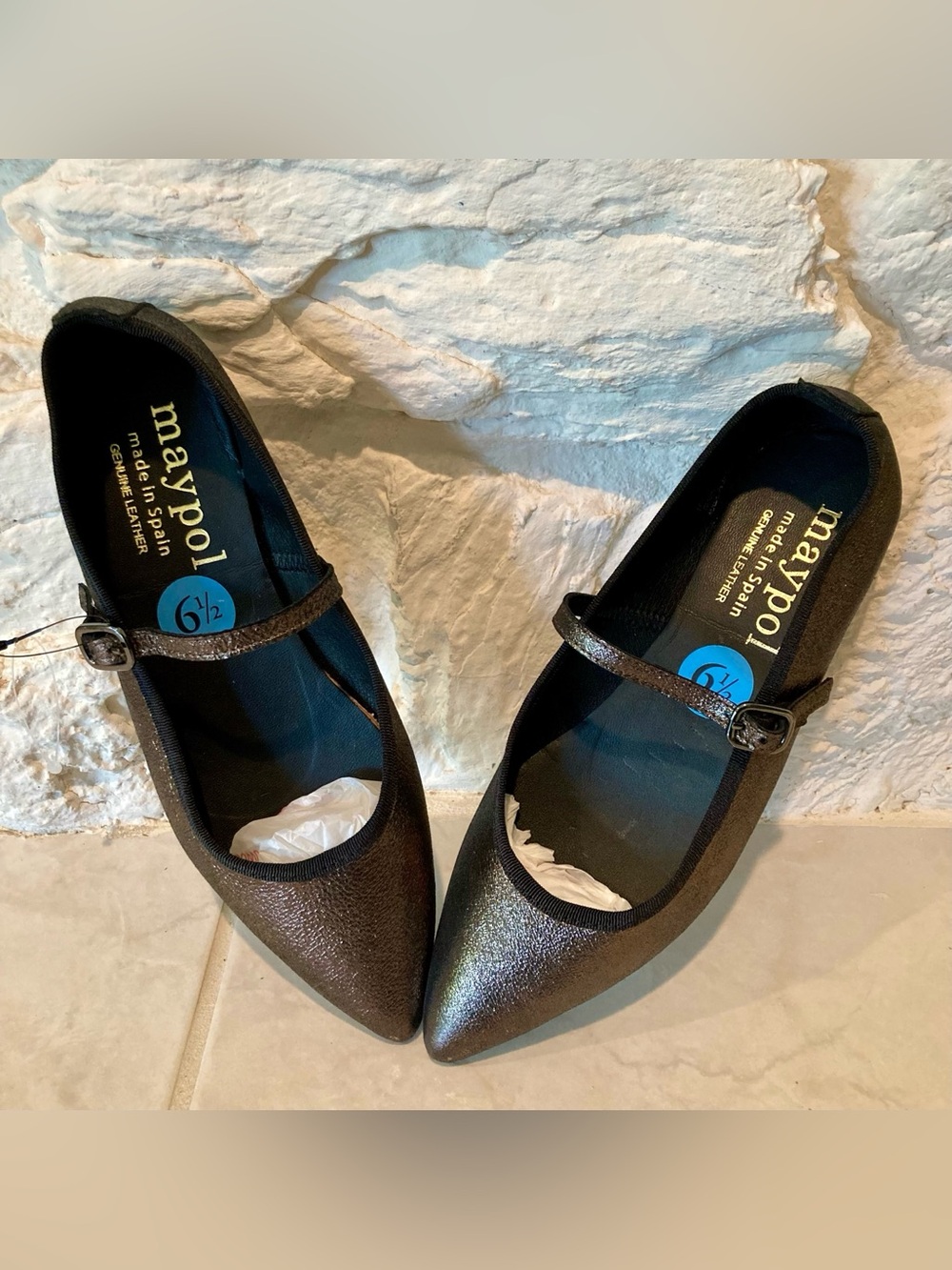 NWOT Maypol metallic bronze “Rota Percival” pointed toe leather Mary Jane flats